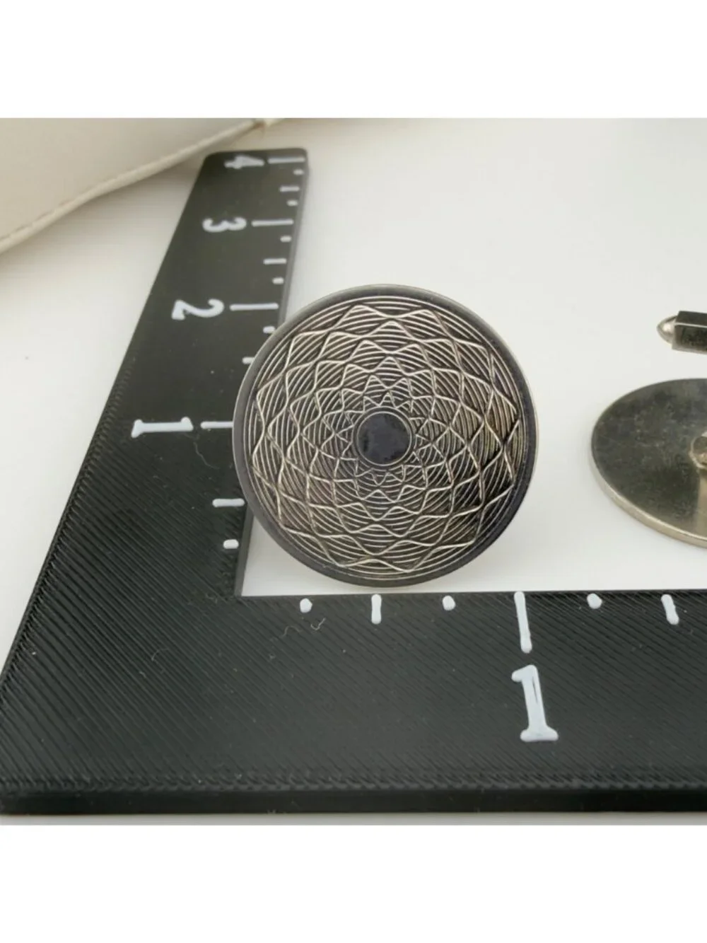 Vintage Round Silver Toned Cufflinks Geometric Pattern Design